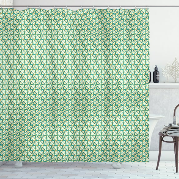 Floral Shower Curtain, Composition of Flower Formed with Polka Dots and Half Circles, Fabric Bathroom Set with Hooks, 69W X 70L Inches, Teal Mustard and White, by Ambesonne