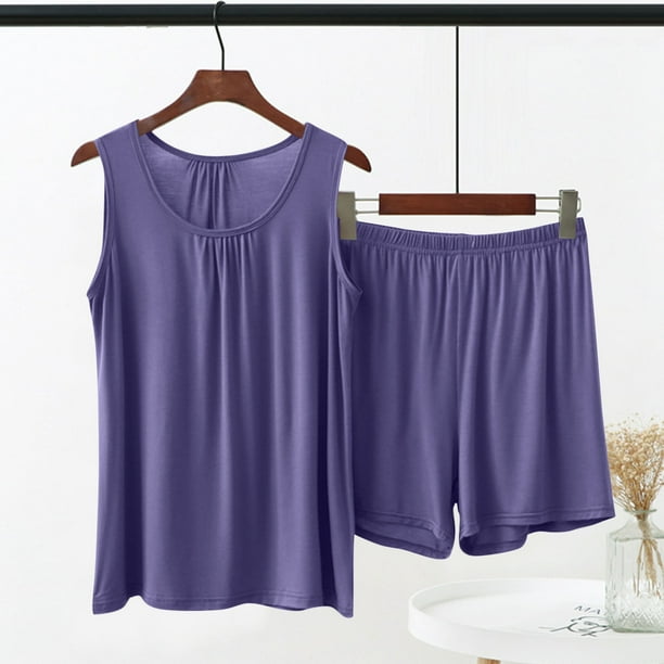 Conjunto de pijama de dos piezas para mujer, suelto, de verano, con tirantes de color liso, para estar en casa, blusa modal y pantalones