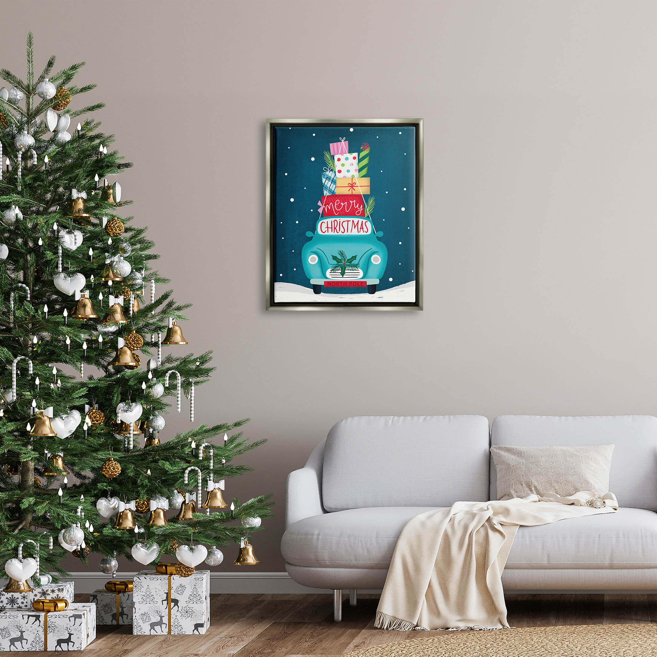 Merry Christmas Stacked Gifts Car Holiday Graphic Art Luster Gray Framed Art Print Wall Art