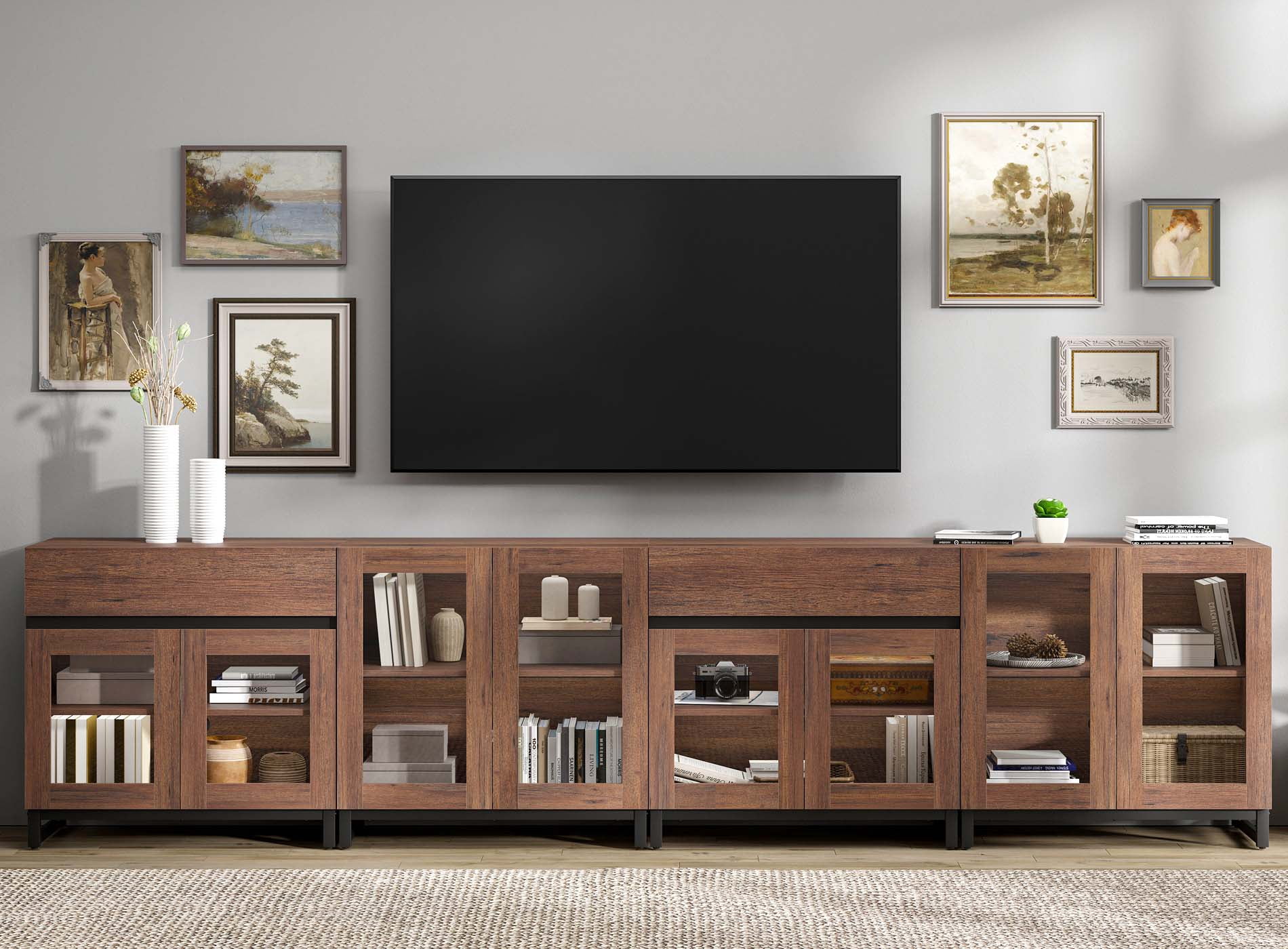 Modern TV Stand For Tvs Up To 120 Inches, 4 In 1 TV Console With Glass Doors And 2 Drawers, Entertainment Center With Adjustable Shelf For Living Room, Bedroom,Brown