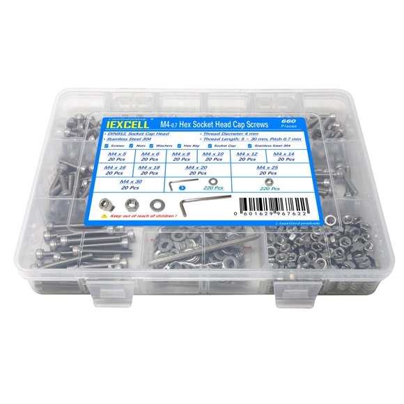 Iexcell 660 piezas M4 x 5/6/8/10/12/14/16/18/20/25/30 Acero inoxidable 304 Tornillos de cabeza hueca hexagonal Pernos Tuercas Arandelas Kit surtido