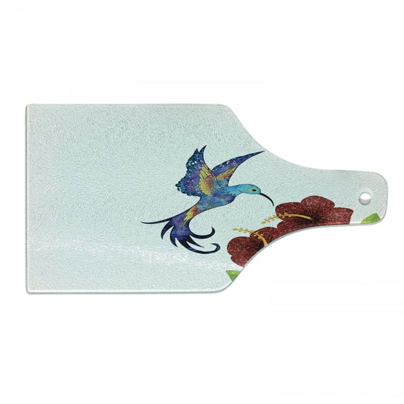 Hummingbird Cutting Board, Hummingbird in Flower Garden Fantasy Tails Wings Imaginativertwork, Decorative Tempered Glass Cutting and Serving Board, Wine Bottle Shape, Burgundy Green, by Ambesonne