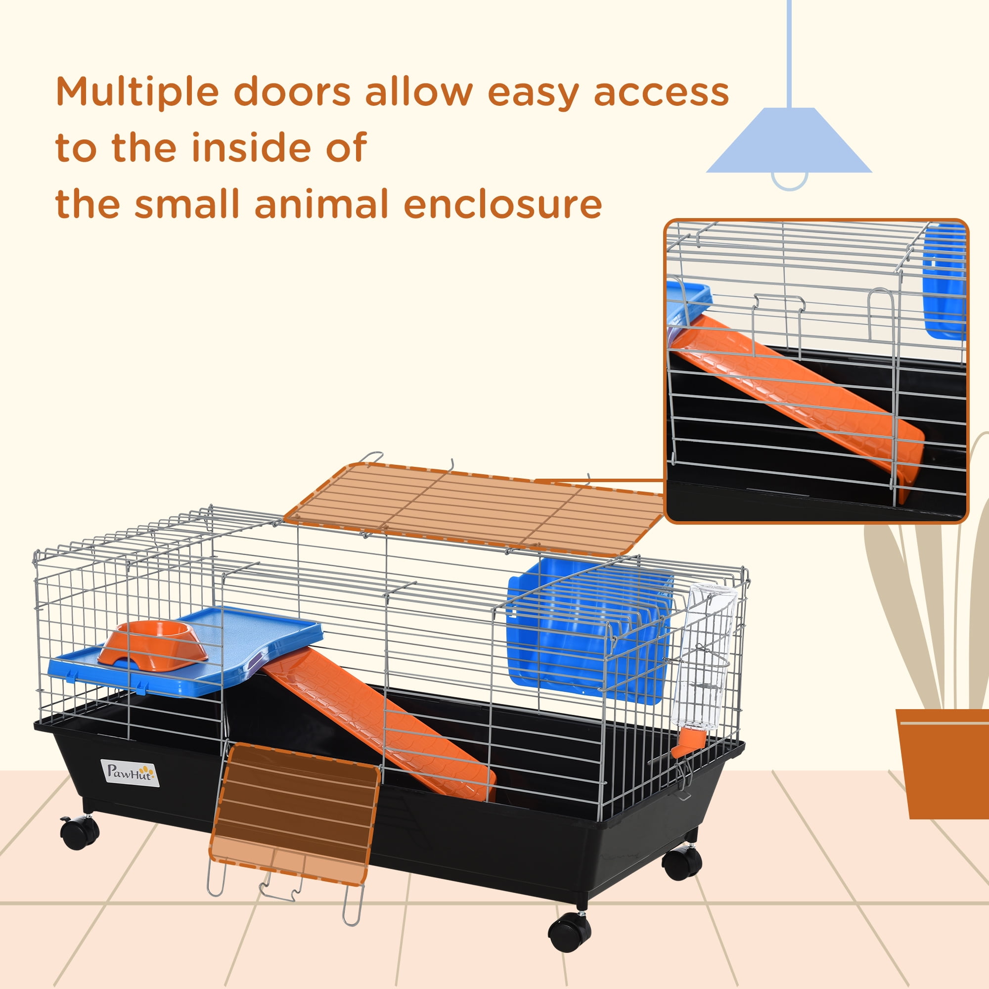 PawHut 35" Small Animal Cage with Wheels, Ramp, Water, Food Dish, Black
