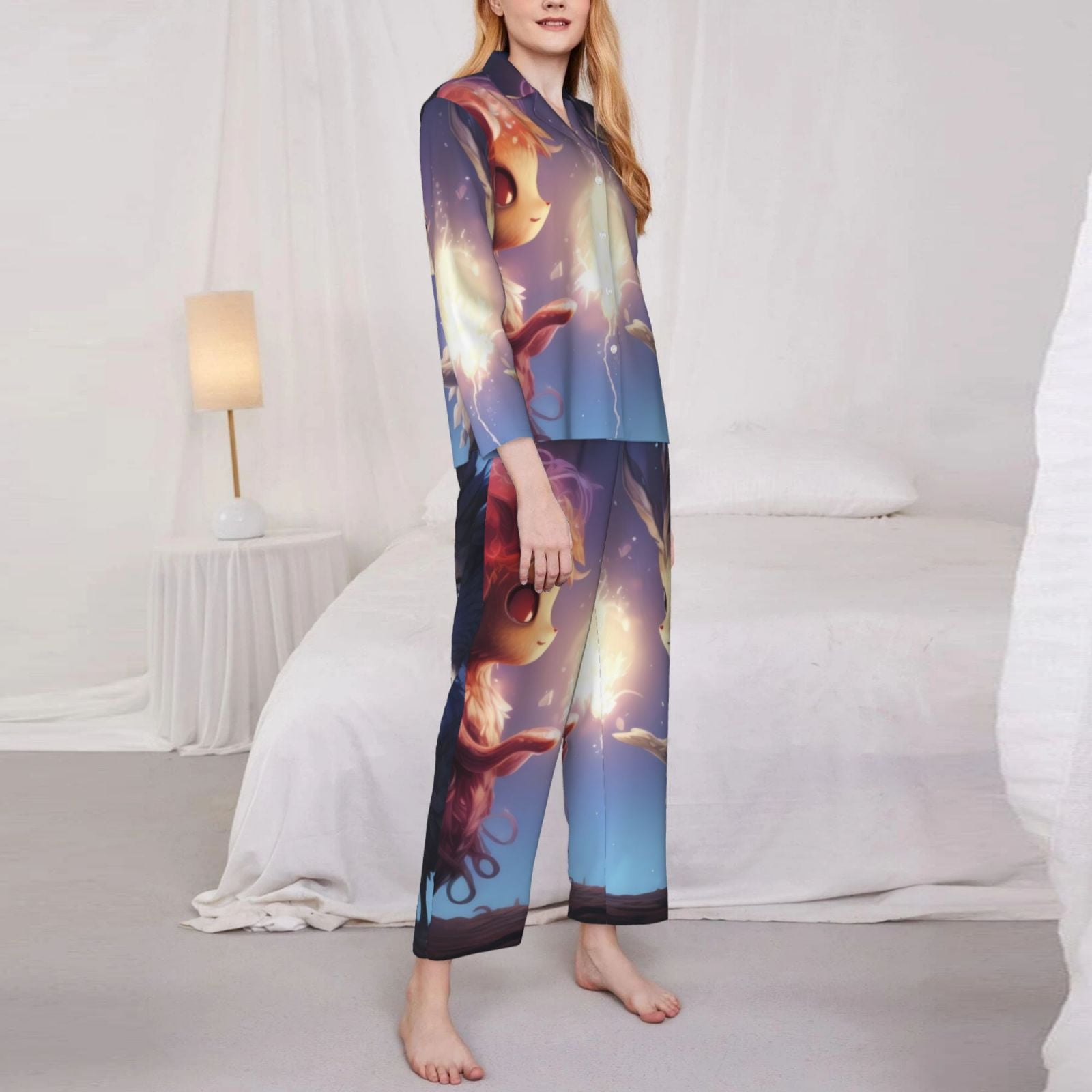 Picia Dreamy Forest Elf Pattern Women’s Long-Sleeve Sleepwear Set - Soft 2-Piece Loungewear with Pockets, Comfy PJs for Relaxing Nights-Large