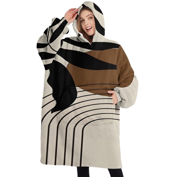 Oversized Wearable Blanket Hoodie,Black Boho Geometric and Plant Pattern Sherpa Blanket Hoodie with Super Pockets,Super Warm Fuzzy Pullover for Women & Men