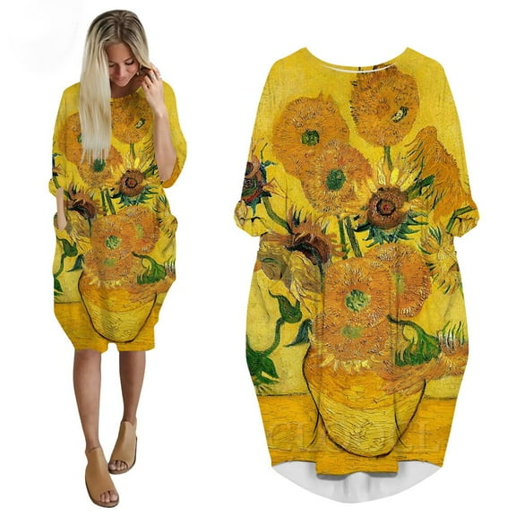 CLOOCL Women Straight Dresses Van Gogh Sunflower Painting Print Retro Popular Party Dress