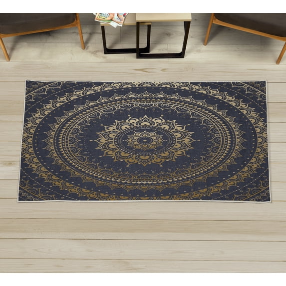 Mandala Decorative Rug, Circle Universe and Cosmos Esoteric Oriental Flower Pattern of Image Print, Quality Carpet for Bedroom Dorm and Living Room, 6 Sizes, Dark Blue, by Ambesonne