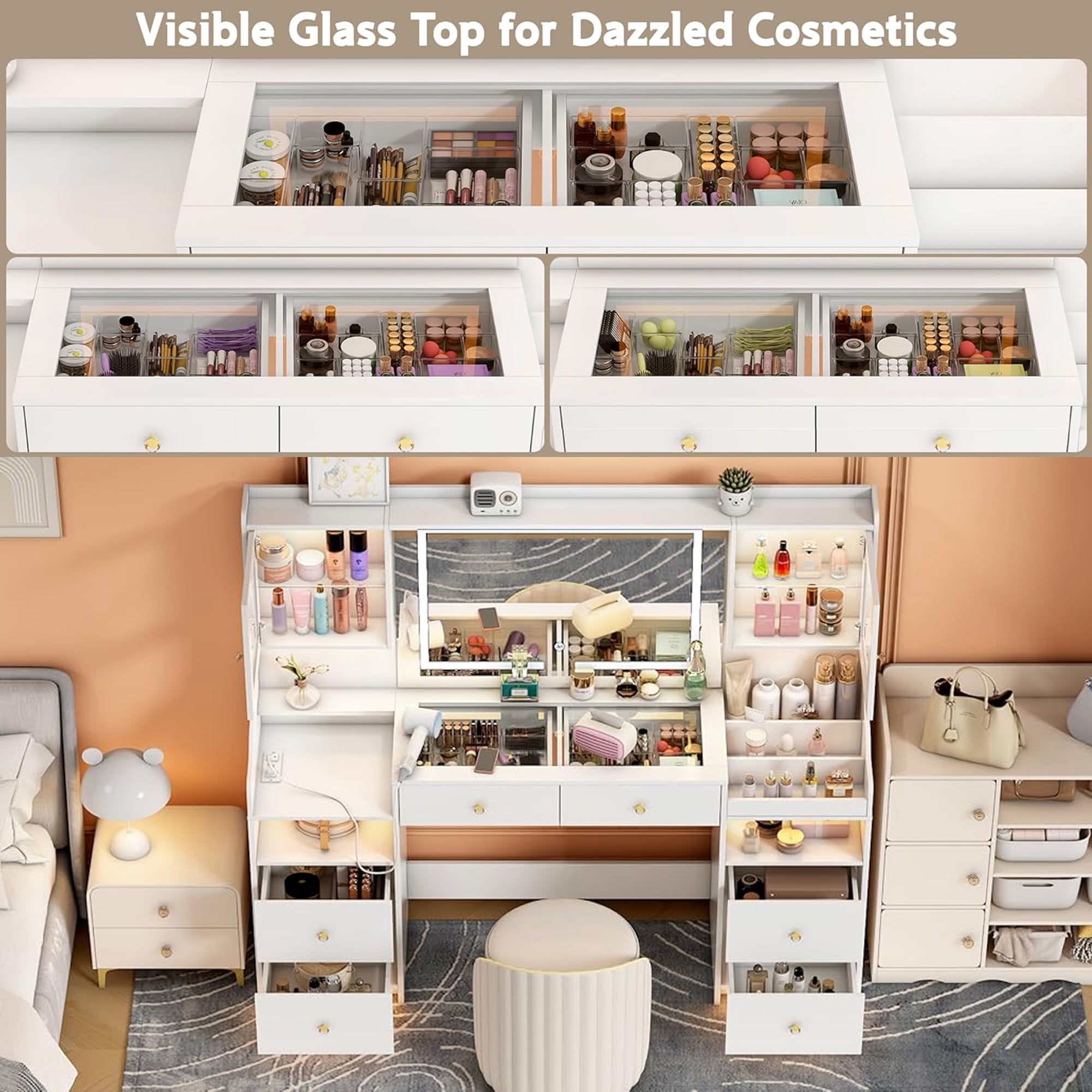 Pipleo 62" Large White Vanity Desk with Glass Top, Makeup Vanity with Mirror and LED Lights, One Piece Controls 3 Lighting Modes, 4 Drawers Vanity with 2 Cabinets and Power Outlet for Women, Girls
