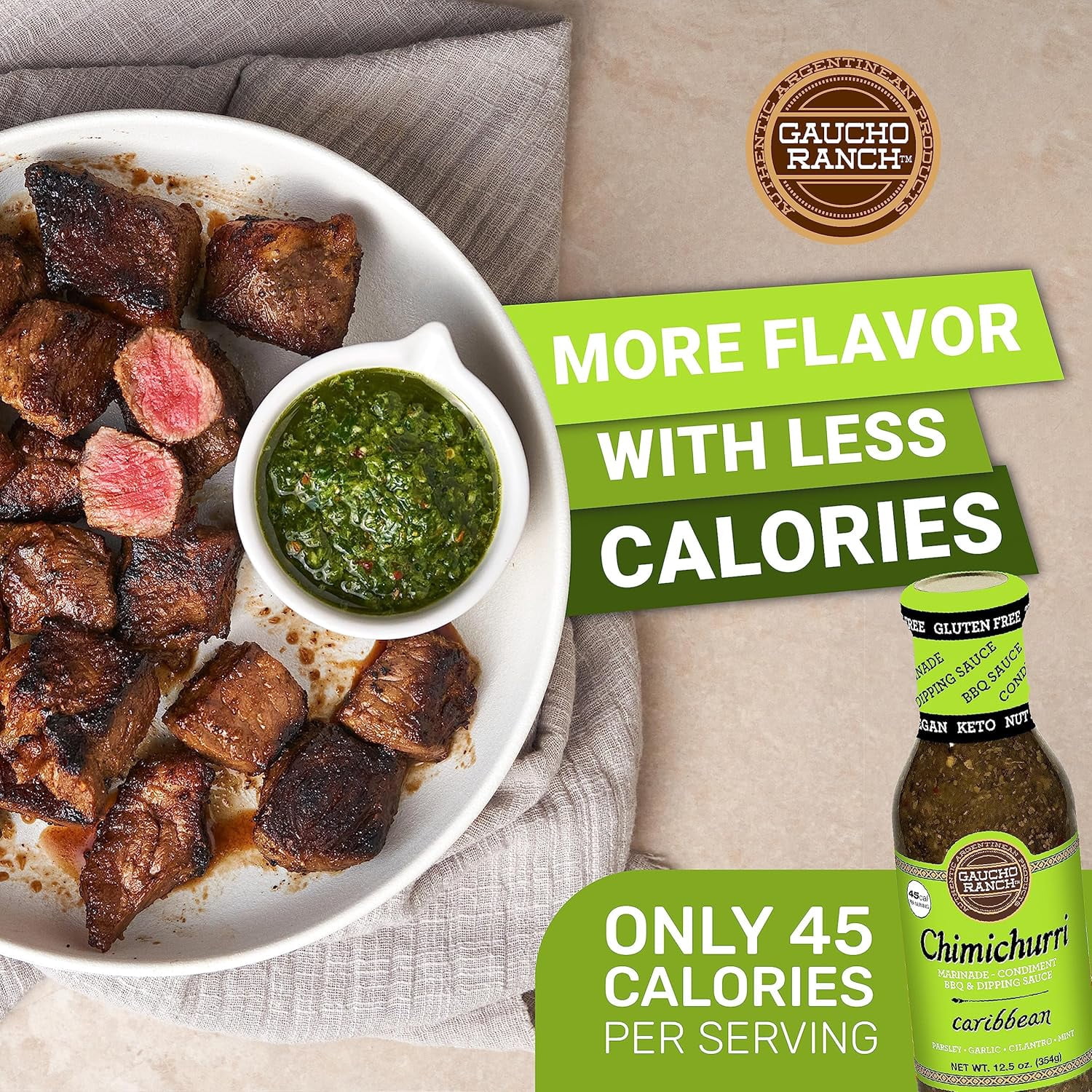 (2 pack) Gaucho Ranch Caribbean Steak Sauce, Gourmet Chimichurri, BBQ Marinade, Grilling & Dipping Sauce for Steak, Chicken & Veggies 12.5oz