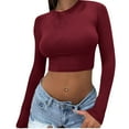 thumbnail image 2 of Lovskoo Womens Long Sleeve Cropped Shirts Fitted Tops Round Neck Slim T Shirts Going Out Tops Basic Tees Claret, 2 of 6