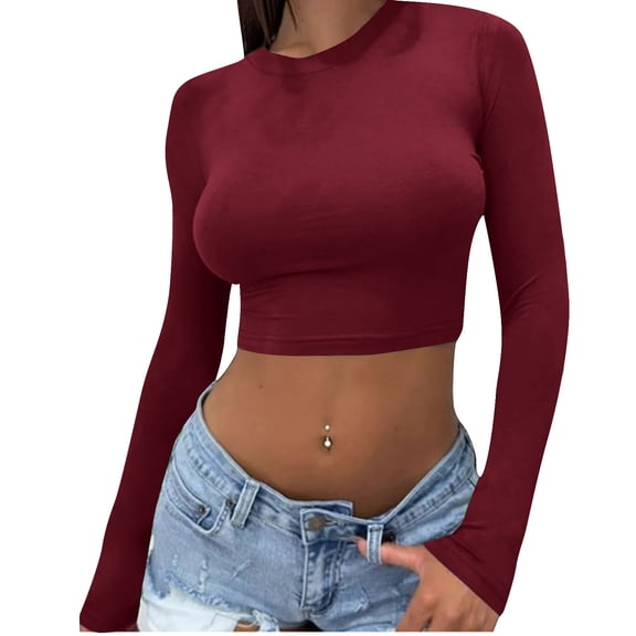 Women's Long Sleeve Crop Tops Y2K Crewneck Cute Slim fit Cropped T Shirts