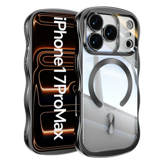 Decase for iPhone 17 Pro Max Magnetic Case Clear Back Cover,Compatible with Mag-Safe,Full Camera Protection,Cute Wave Frame,Electroplated Wavy Bumper Shockproof TPU Phone Case,Black