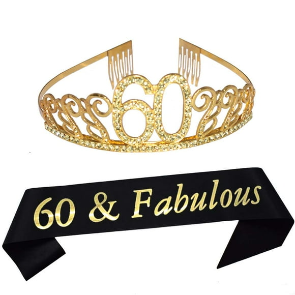 Dgasin Happy 60th Birthday Tiara and Sash Party Supplies 60 FabulousGlitter Satin Sash and Crystal Tiara Princess Birthday Decorations Crown for Women Gold