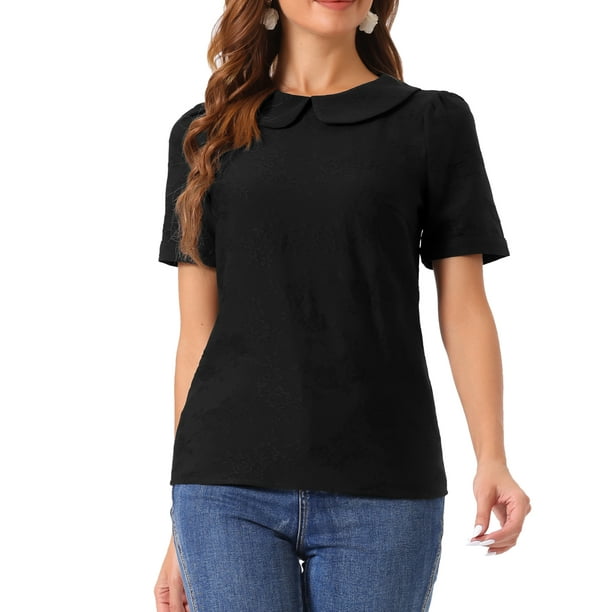 BLUSA CON COLLAR PETER PAN INSPIRADA EN CHIC PARA MUJERES, CON FLORES JACQUARD Y MANGAS CORTAS PUFF, ESTILO KAWAII, TAMAÑO M, NEGRO