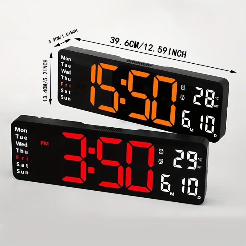 16" Large Digital Wall Clock Alarm, Big LED,  Auto DST, Temperature for Living Room Bedroom Desk Mount, Birthday Gift for Aged Elderly Mother Father
