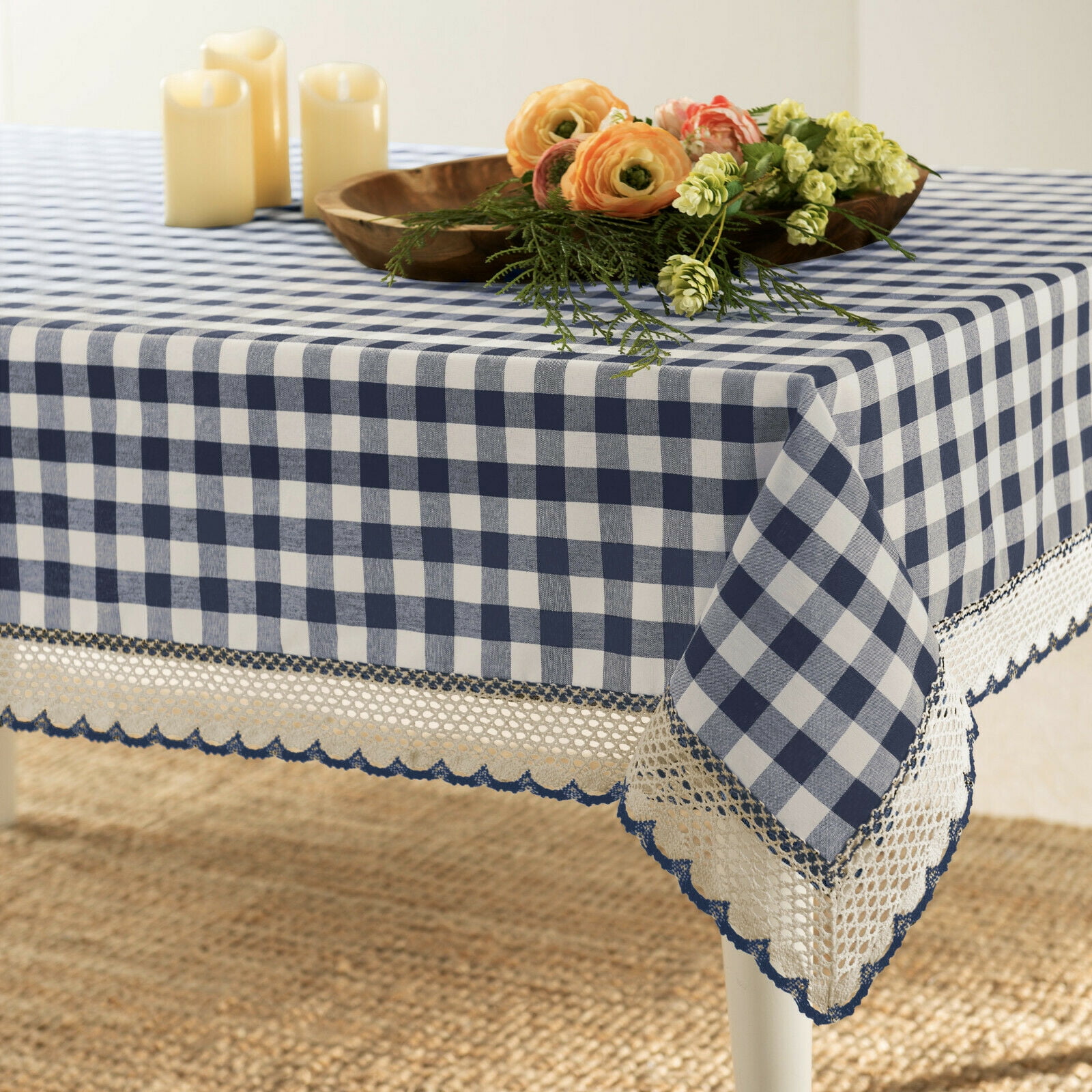 Country Farmhouse Plaid Buffalo Check Stain & Spill Proof Fabric Tablecloths - Navy, 6-8 Chairs