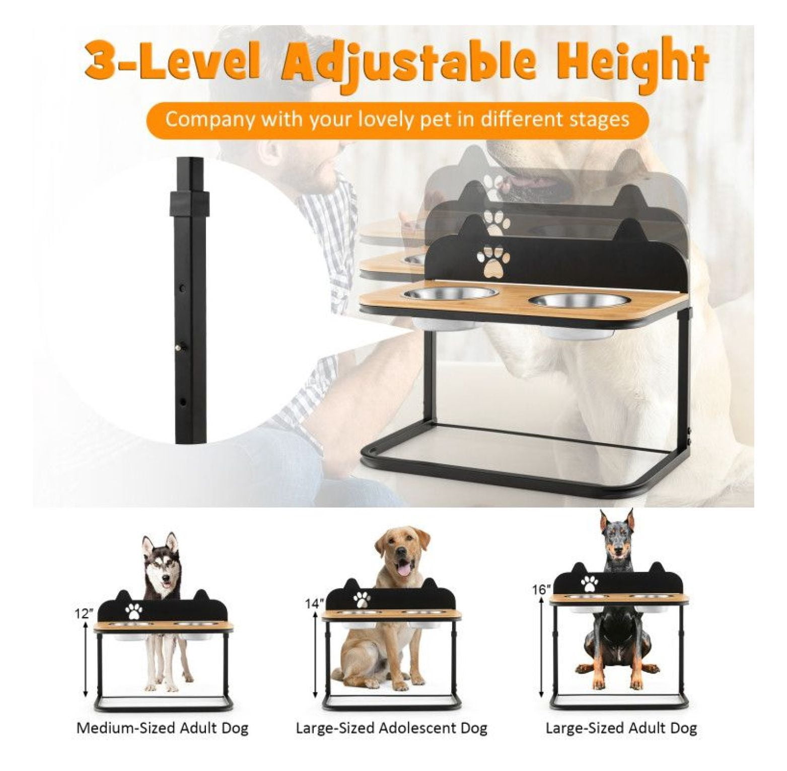 Elevated Dog Bowls with Stand - 2 Stainless Steel Bowls - Adjustable Height - Bamboo Tabletop - for Medium & Large Dogs - Pet Feeder