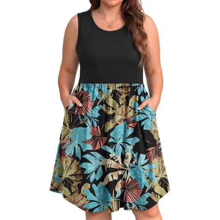 WellSize Plus Size Women Tank Dresses Summer Sleeveless Crew Neck Sundresses Casual Beach Dress with Pocket