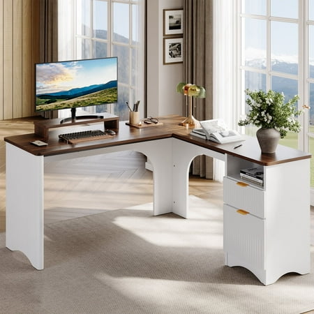 Bestier L Shaped Desk with Drawers 55.7 x 55 Office Computer Desk with Round Corners Monitor Stand & Fluted Panels White & Walnut