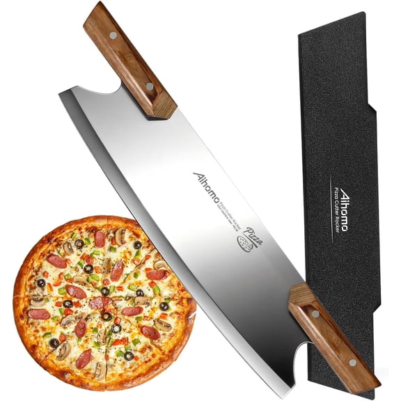 13” Sharp Pizza Cutter Rocker, 420J1 Japanese Stainless Steel Blade Slicer, Double Pakkawood Handle Pizza Knife Rocker with Protective Cover, Easy to Clean