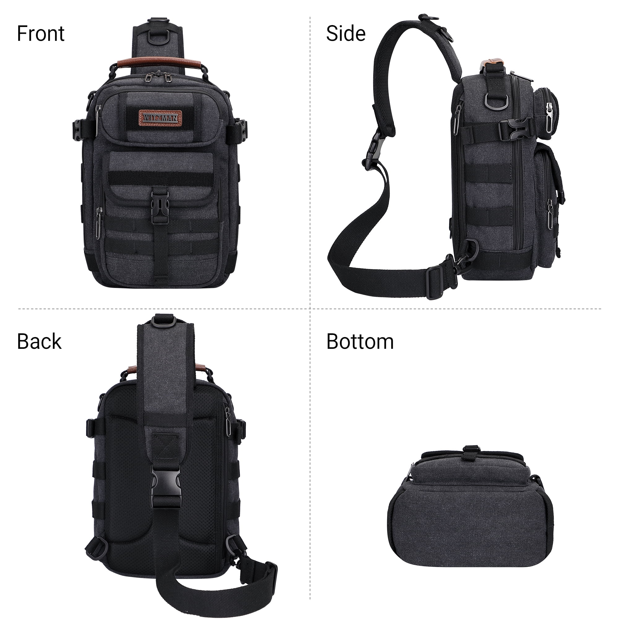 WITZMAN Sling Bag for Men Canvas Casual Chest Bag with USB Charging Port for Travel Daily Work(A8021 Black)