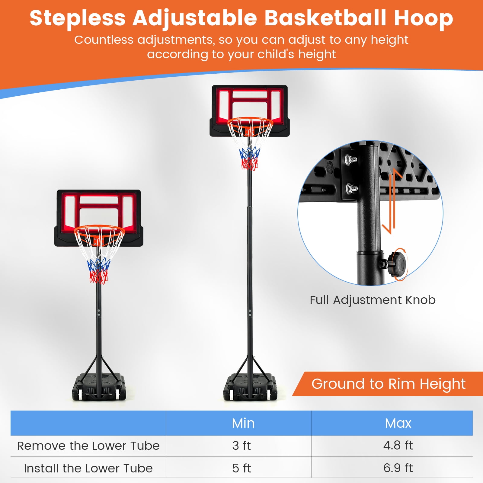Topbuy Basketball Hoop Portable Basketball Stand with Rolling Wheels 4.3-8.2FT Adjustable Height PE Backboard Fillable Base