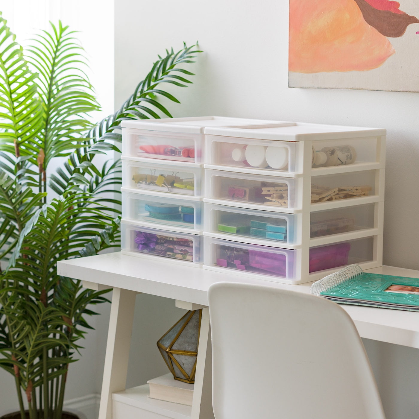 IRIS Medium 4-Drawer Compact Desktop Organizer, Stacking Desktop Unit, White-Clear, Set of 2