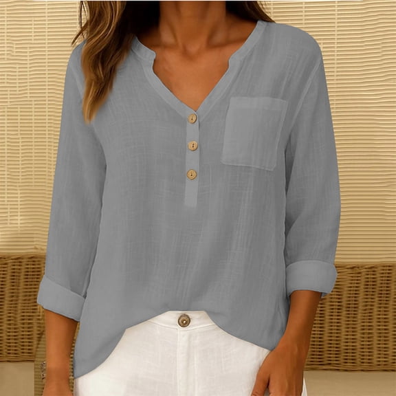 Ytndtr Womens Cotton and Linen Shirts Solid Color Short Sleeved Pocket Top V Neck Casual Loose Button Outfits