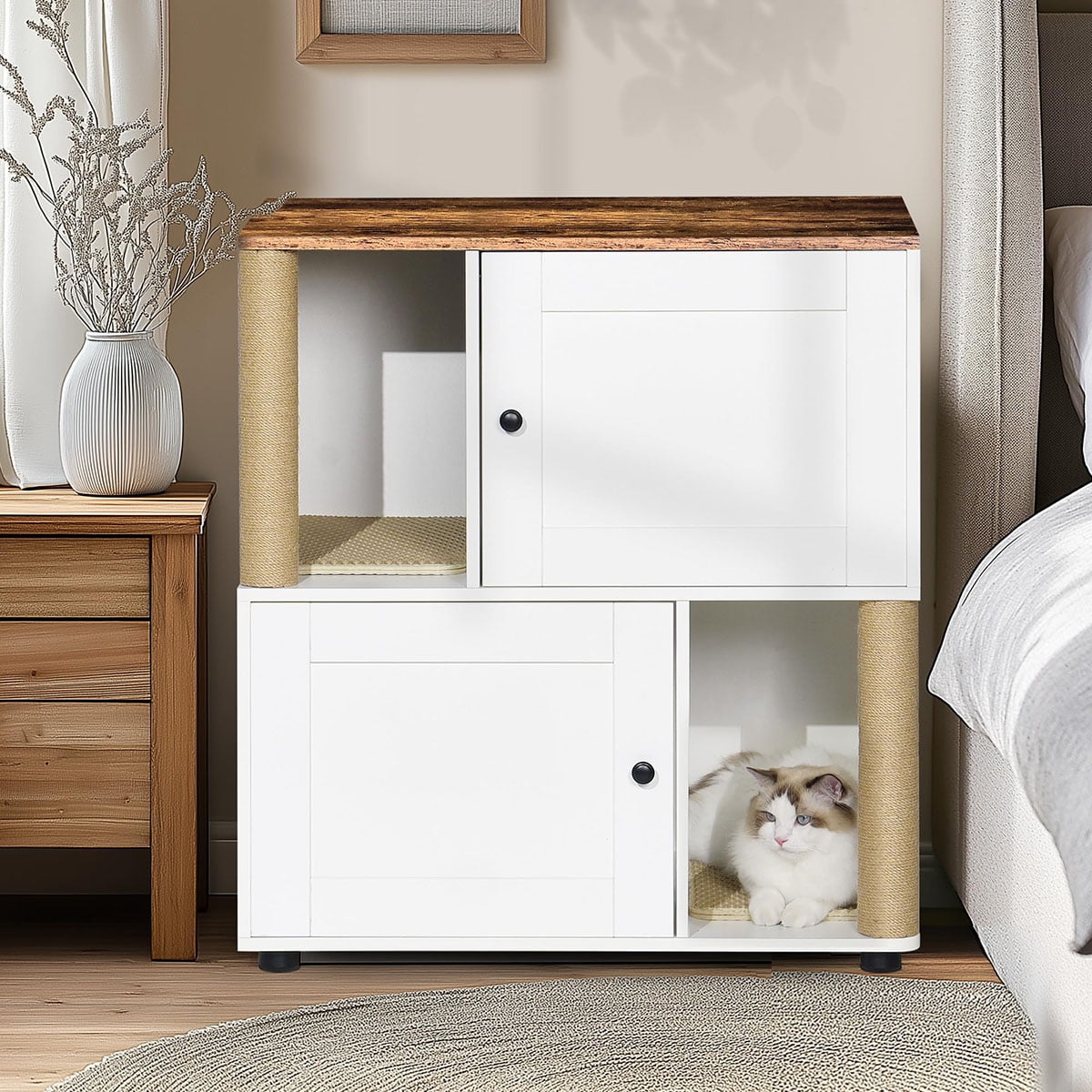 Danolapsi Cat Litter Box Enclosure for 2 Cats, Litter Box Enclosure with Double Room, Hidden Enclosed Cat Litter Box Furniture with Scratch Posts and Double-Layer Litter Mats