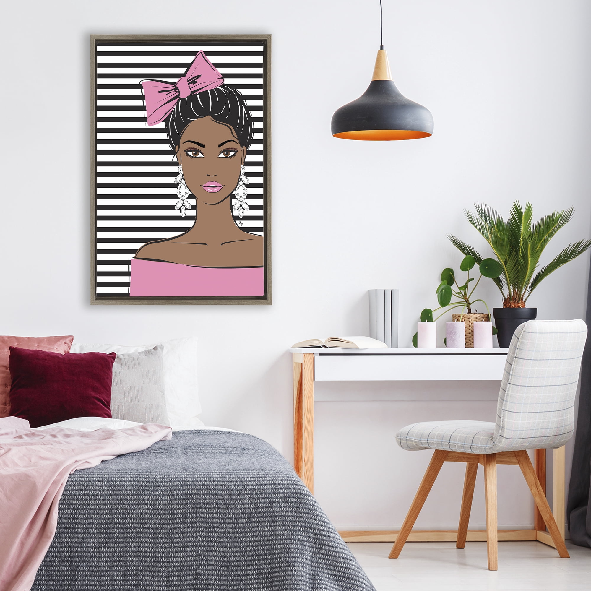 Stupell Industries Girl with Bow & Jewel Earrings Brown Framed Floater Canvas Wall Art, design by Martina Pavlova