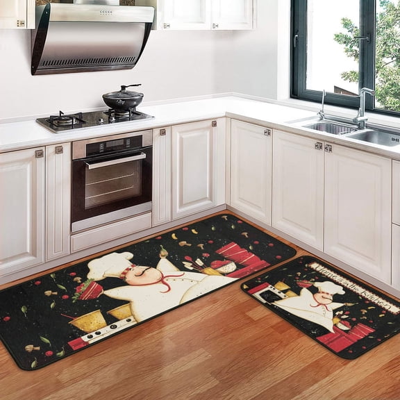 2 PCS Kitchen Rugs and Mats Washable Non Skid, Soft Super Absorbent Fat Chef Kitchen Mat for Doormat Bathroom Runner Set (17"x47" 17"x30",Fat Chef)