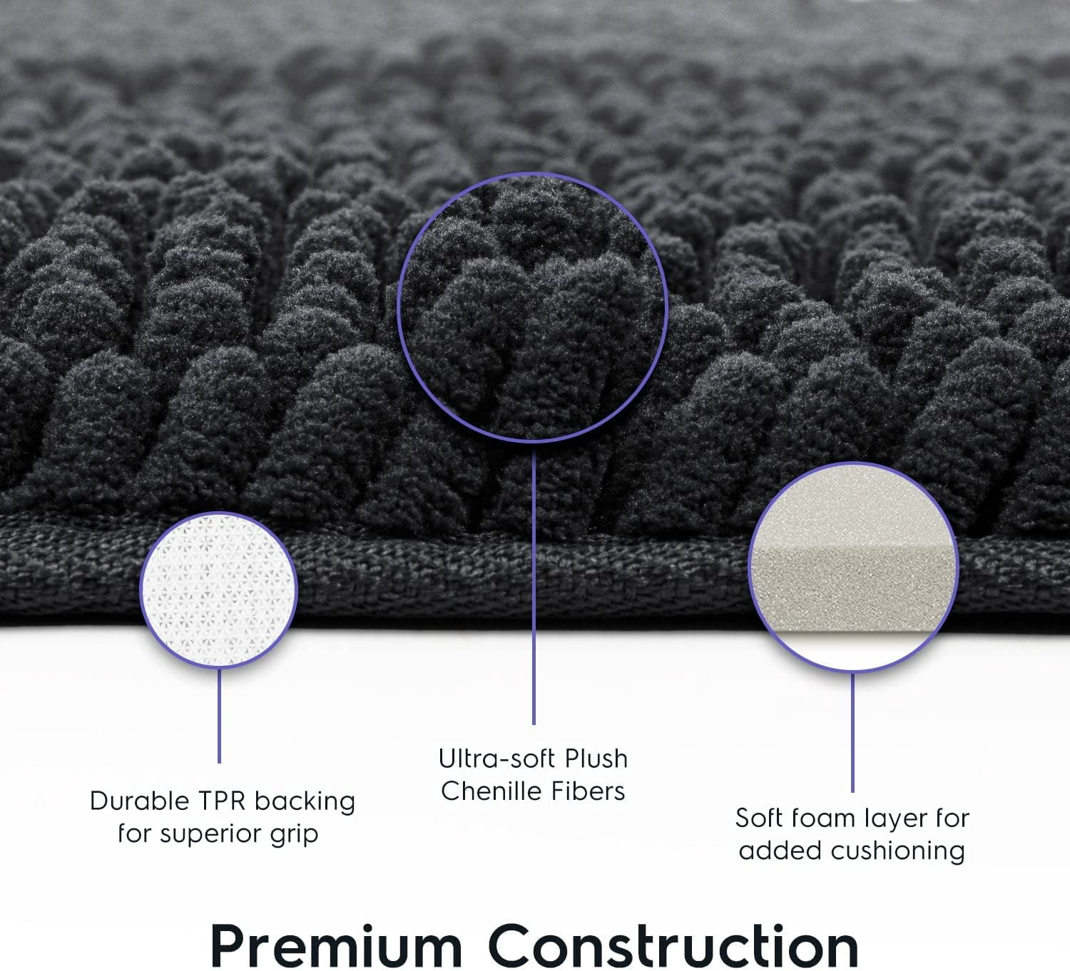 Bathroom Rugs, Extra-Thick Memory Foam Bath Mat, Ultra-Soft Chenille Microfiber, Highly Absorbent, Machine Washable, Shaggy Bath Mats for Bathroom, Rectangle Cutout (21x32 + 20x22, 2pcs) Black