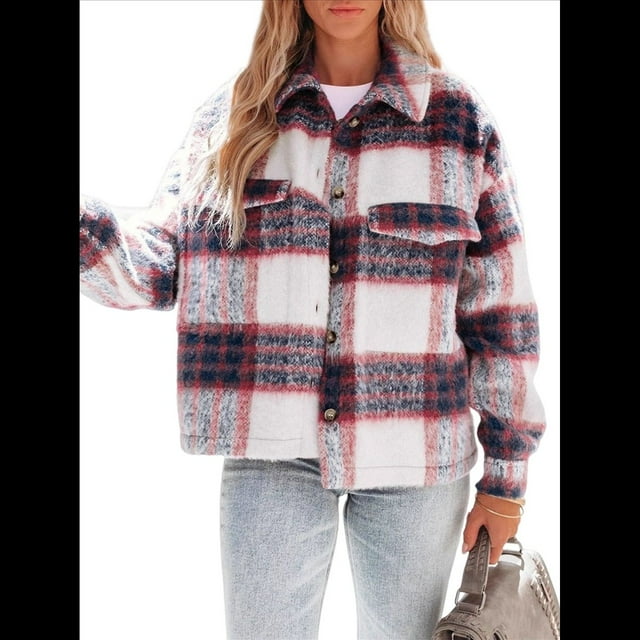 Chaqueta Informal con Botones para Mujer, Abrigo Corto de Lana Gruesa de Mohair A Cuadros, Parte Superior Color Naranja M