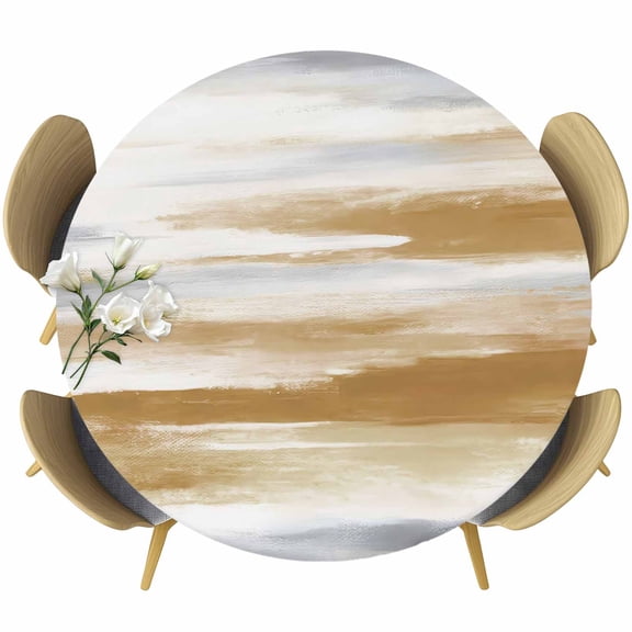 Round Table Cover 55-60 Inch Brown Gray White Waterproof Reusable Table Cloth Round Fitted Vinyl Tablecloth with Elastic Edged for Parties Outdoors, Vintage Rustic Abstract Mottled Art