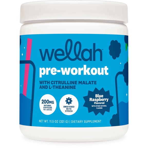 Wellah Pre-Workout Drink Mix (Blue Raspberry, 30 Servings) - with Citrulline Malate and L-Theanine, 200mg of Natural Caffeine & 1000mg of Beta-Alanine