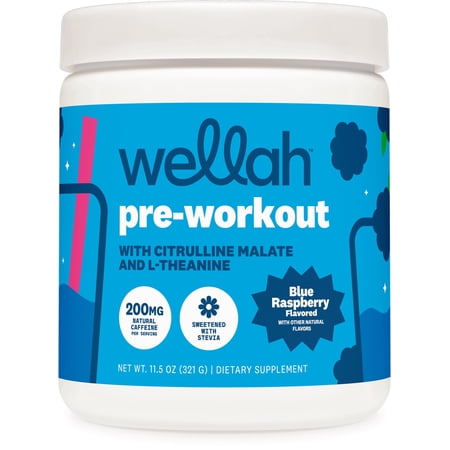 Wellah Pre-Workout Drink Mix (Blue Raspberry, 30 Servings) - with Citrulline Malate and L-Theanine, 200mg of Natural Caffeine & 1000mg of Beta-Alanine