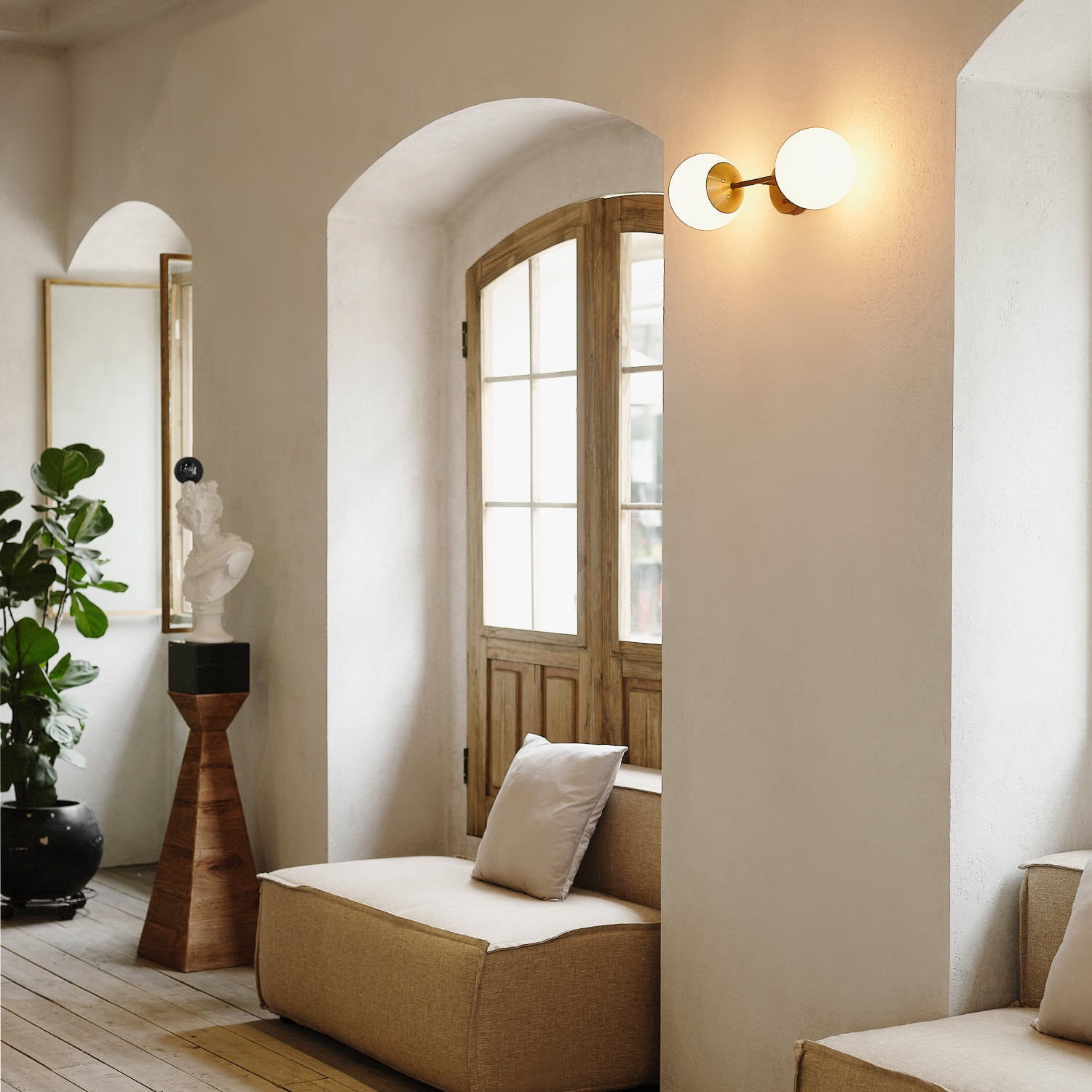 Globe Electric Indoor 2-Light Matte Black Wall Sconce with Brass Accent and Opal Shades, No Battery