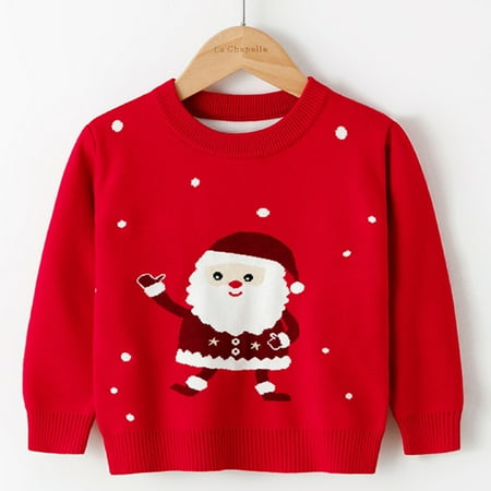 

FZM Christmas Toddler Boys Girls Christmas Cartoon Santa Snowfakle Prints Sweater Long Sleeve Warm Knitted Pullover Knitwear Xmas Tops