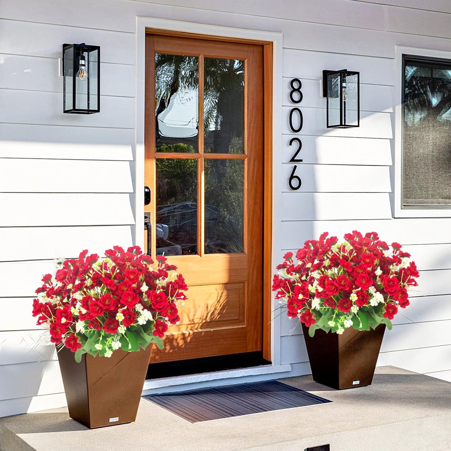 10 Bundle Artificial Flowers, UV Resistant Faux Outdoor Flowers, Fake Plastic Flowers for Cemetery Decoration Home Kitchen Bedroom Wedding Party Decor (Red)