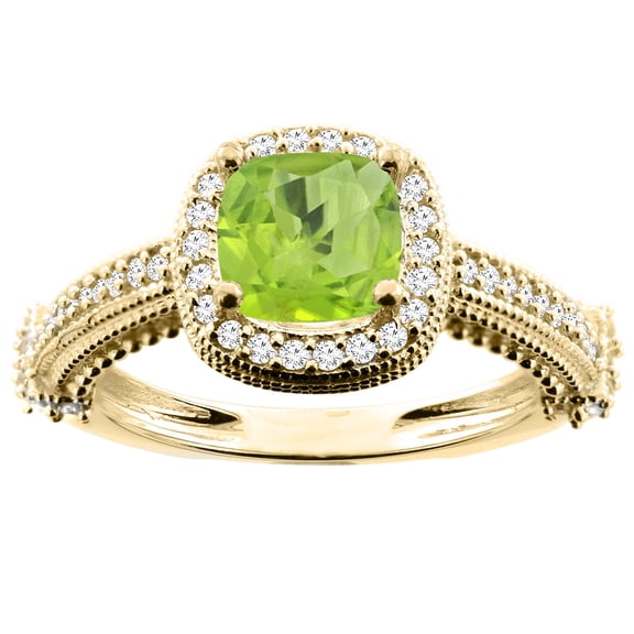 14K Yellow Gold Natural Peridot Ring Cushion 7x7mm Diamond Accent 7/16 inch wide, size 6.5