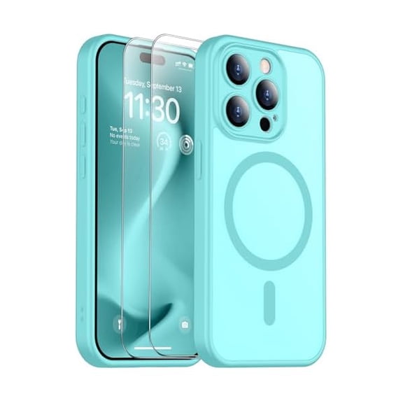 Eryueer for iPhone 15 Pro Case, Magnetic Translucent Matte Case with 2PCS Tempered Glass Screen Protector Slim Phone Case for iPhone 15 Pro 6.1'', Blue Green