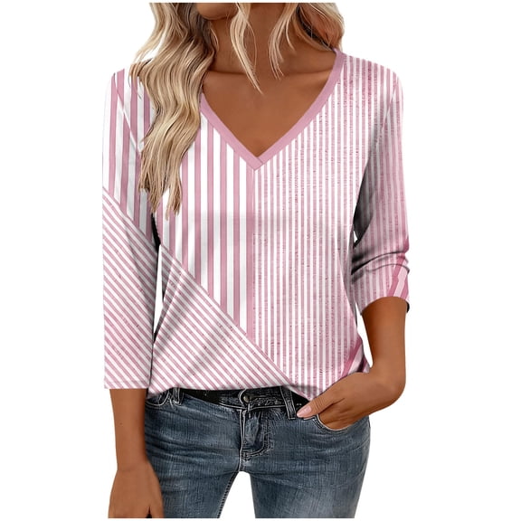 3/4 Length Sleeve Womens Tops Dressy Women's Fashion Non Positioning Printed T-Shirt 3/4 Sleeves Blouse V-Neck Casual Loose Top Pink L