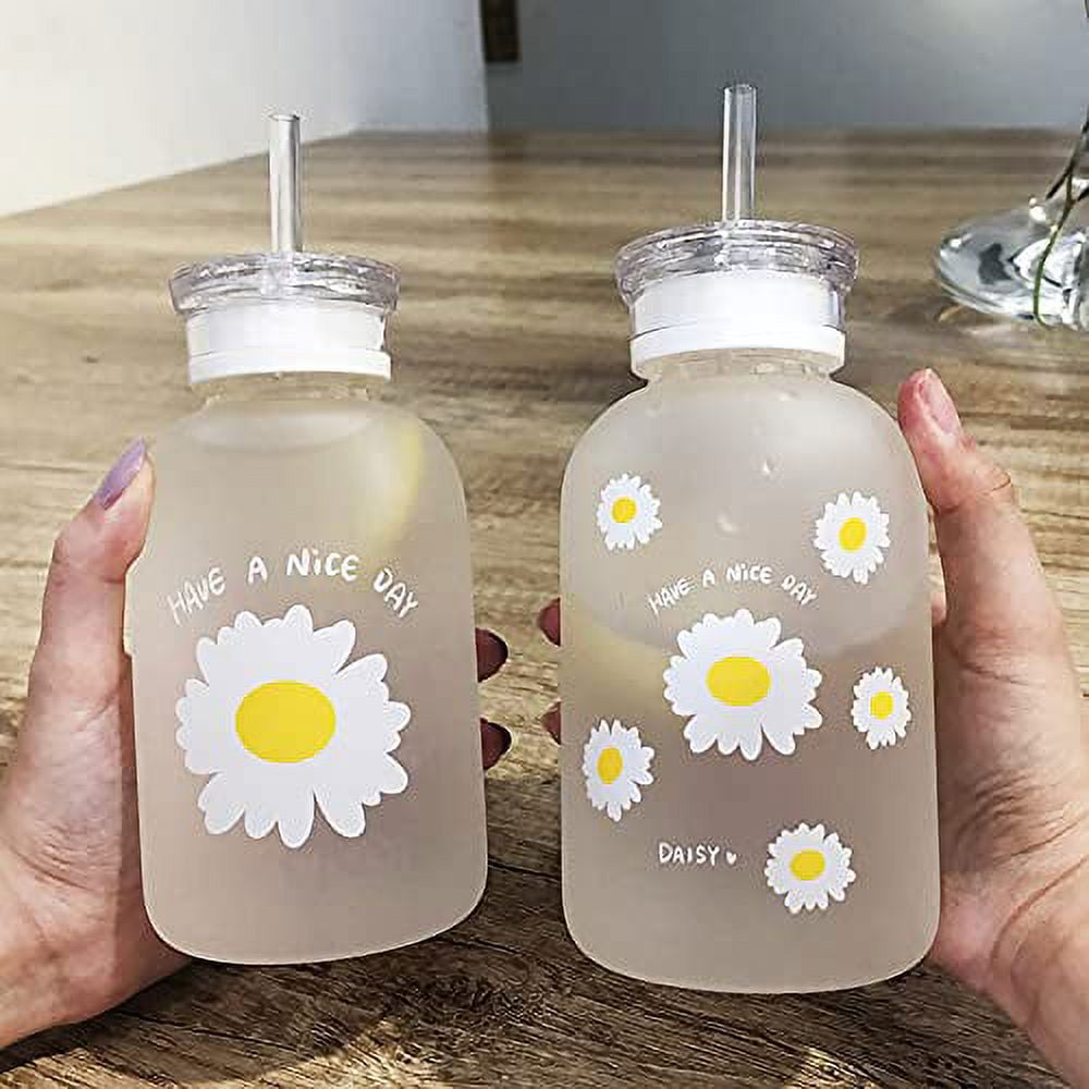  JZSMY 480ml Milk Juice Cute Water Bottle with Scale 2 Lids  Little daisy Matte Portable Transparent Water Cup Glass Bottles Creative  Handy Cup with Straw and Straw Plug (Matte 6 Flowers) 