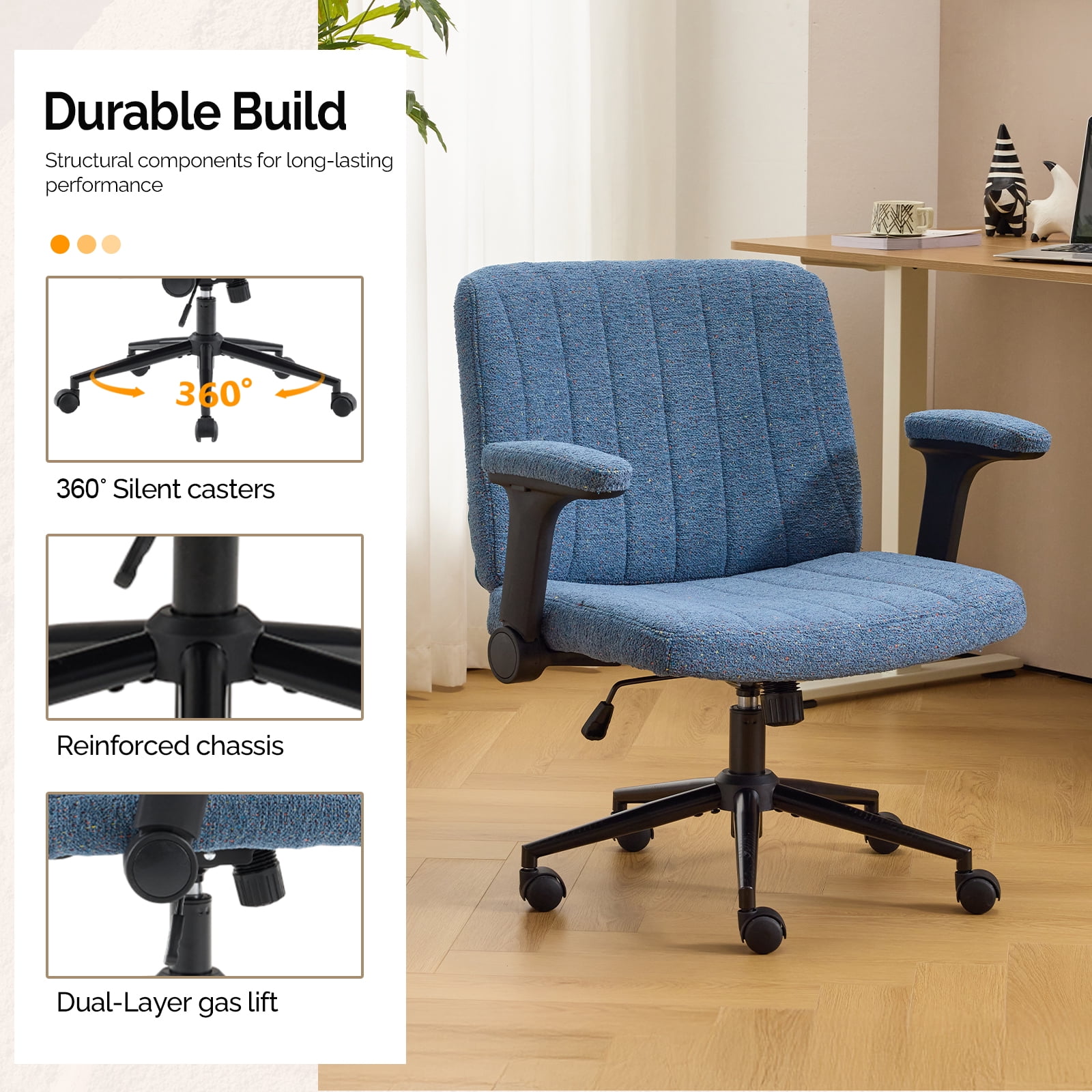 Ktaxon Office Chair, Flip-Top Armrest Desk Chair on Metal Star Base, Starry Chenille Vanity Chair with Adjustable Height & Swivel Wheels Blue