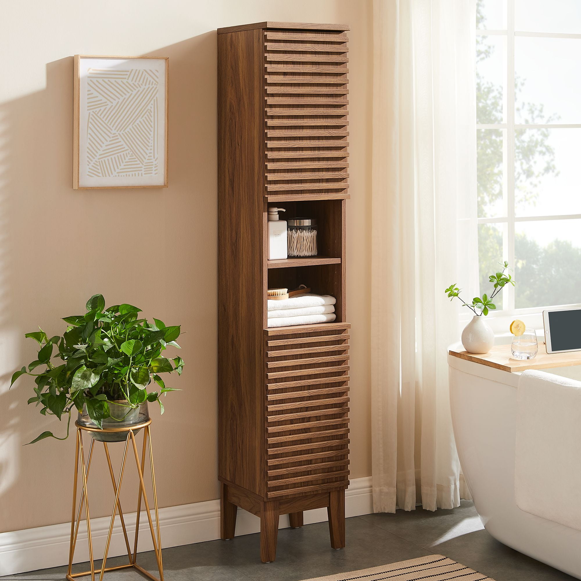 Render Tall Narrow Bathroom Storage Cabinet in Walnut