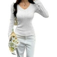 thumbnail image 3 of Women Long Sleeve Cable Knit Sweater Fall Fashion V Neck Fitted Pullover Business Casual Fall Outfits White S, 3 of 9