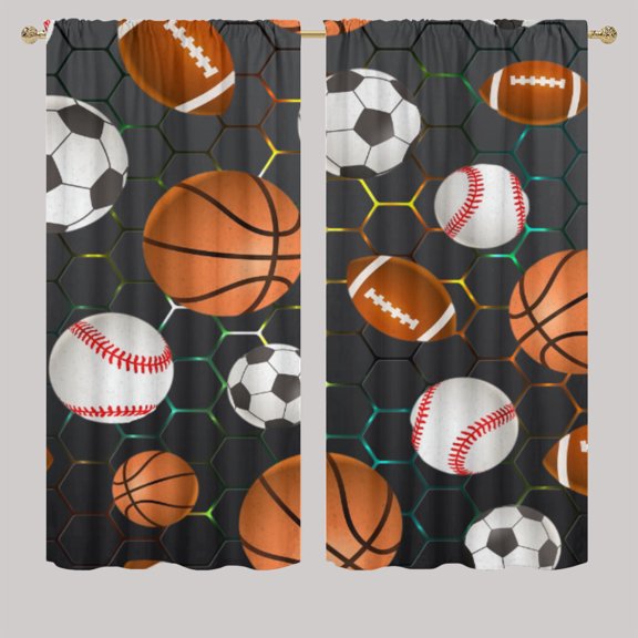 basketball Printed Curtain Panels Soccer football baseball hexagon geometry Blackout Window Treatment Thermal Insulated Drapes for Kitchen/Bedroom W55 x L63 Inch