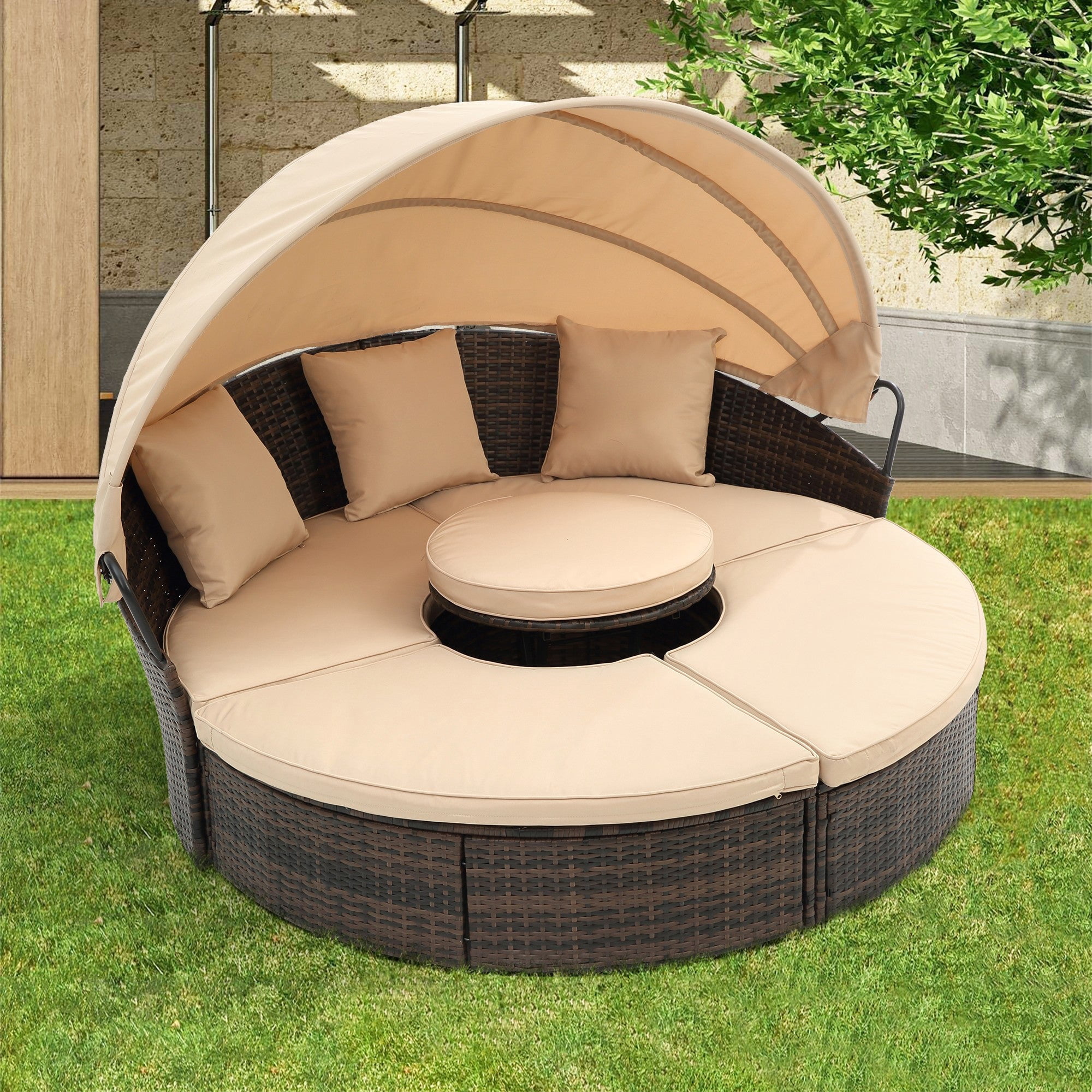 Sailvan Outdoor Sofa Bed Wicker Round Daybed with Retractable Canopy and Lift Coffee Table for Patio Poolside Beige