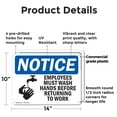 thumbnail image 2 of (2 Pack) Employees Must Wash Hands Before Work OSHA Notice Sign 14 Inch X 10 Inch Plastic Sign, Weather Resistant, UV Protected for Workplace, Business, and Construction Site, Made in, 2 of 8