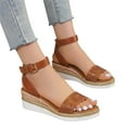 thumbnail image 3 of asddcavvf Ladies Fashion Lines Print Leather Open Toe Buckle Sloping Heel Thick Sole Sandals, 3 of 9